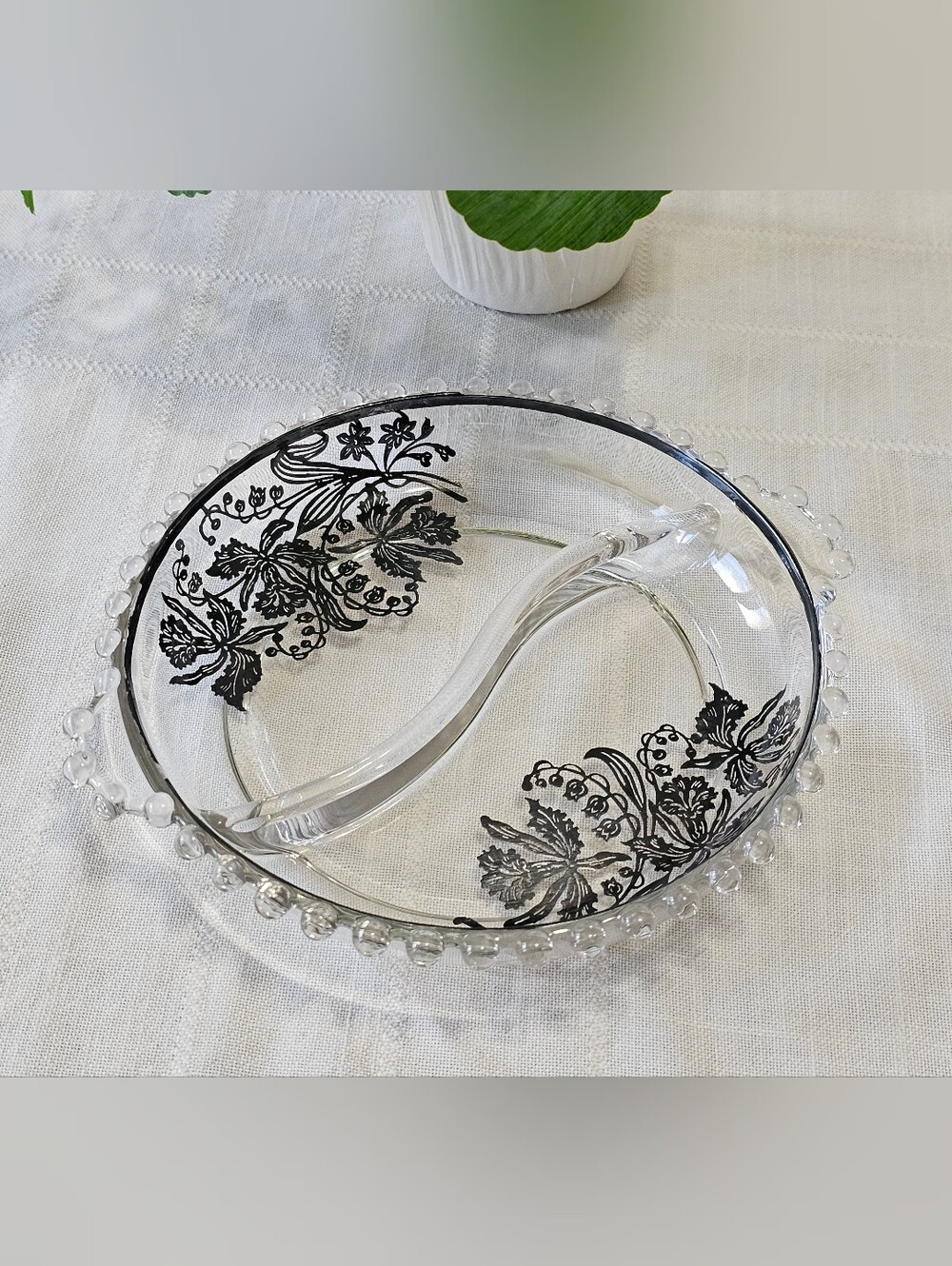 Vintage Candlewick Style Glass Divided Relish Dish Silver Overlay